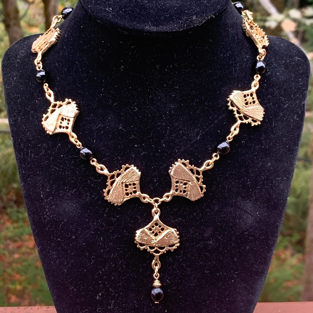Kala Tibetan Gold Plate & Onyx Lariat Necklace